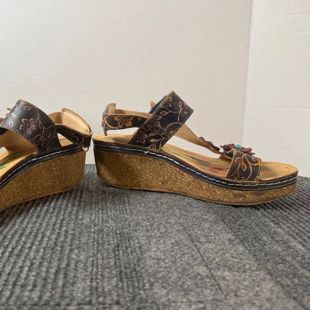 L'Artiste Spring Step Pickford Floral Leather Wedge Sandals Navy Multi Size 40